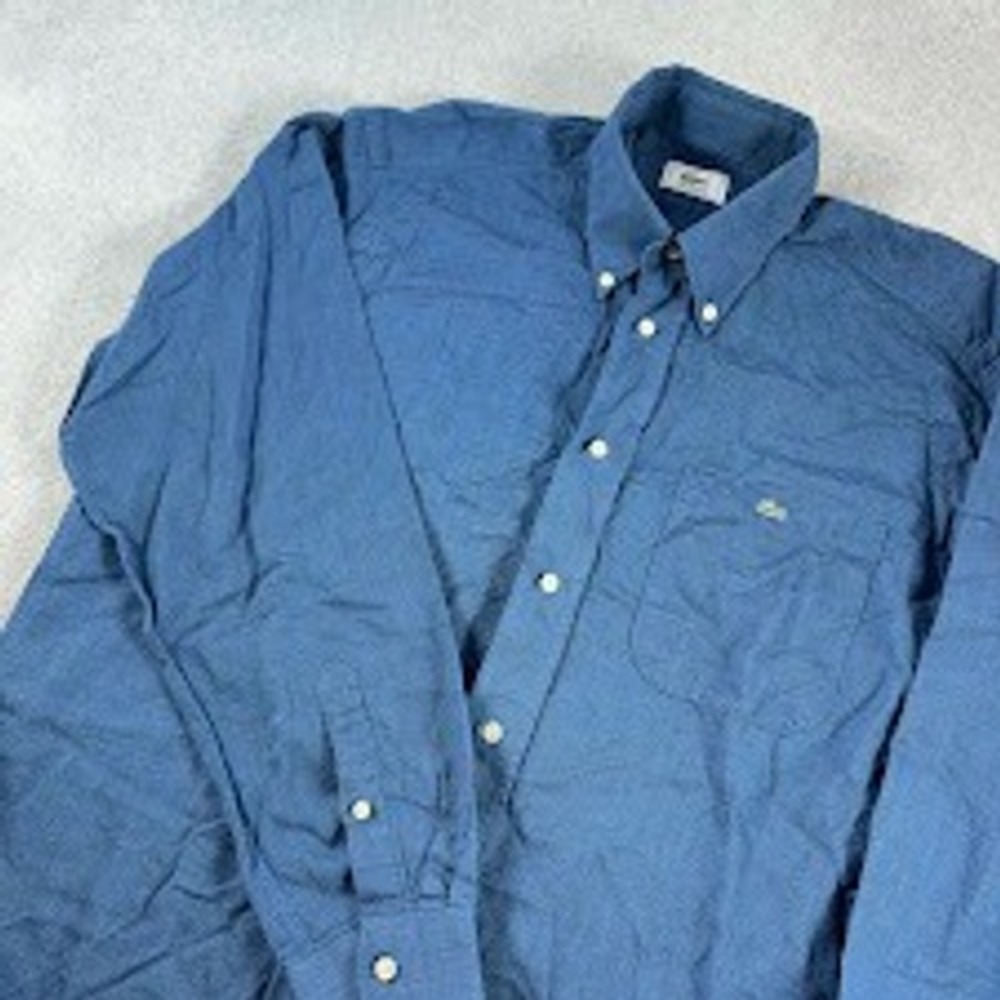 Lacoste Button Down Shirt Mens 39 Blue Solid Pique Long Sleeve Logo Pocket